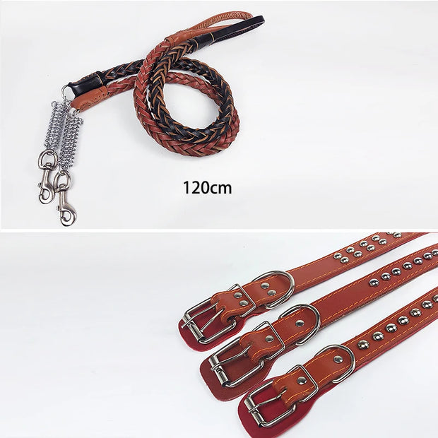 Pet Leather Dog Collar Leash For Large Dog Leather Dog Traction Drag Tow Rope Chain Pet Dog Supplies Accessories Prevent Runaway