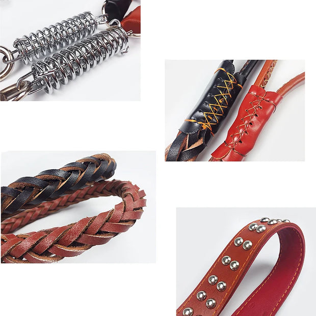 Pet Leather Dog Collar Leash For Large Dog Leather Dog Traction Drag Tow Rope Chain Pet Dog Supplies Accessories Prevent Runaway