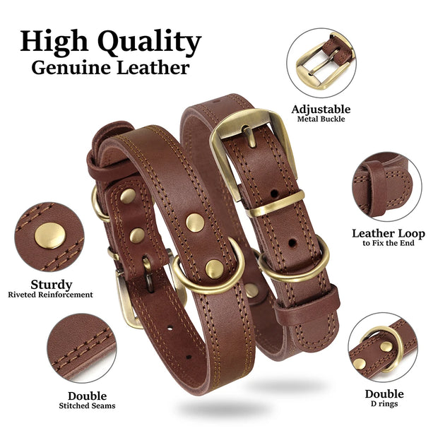 Durable Leather Dog Collar Real Leather Dog Collars Adjustable For Medium Large Dogs German Shepherd Training Hunting Brown