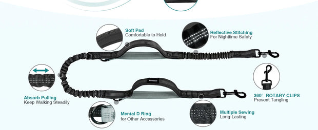 Hands Free Dog Leash with Pouch, Double Leash for Two Dogs, Retractable Bungee with Double Padded Handles, Dog harness