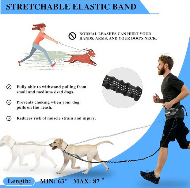Hands Free Waist Leash for Dog Walking Running Hiking with Zipper Pouch, Adjustable Belt, Dual Padded Handles, Reflective Bungee