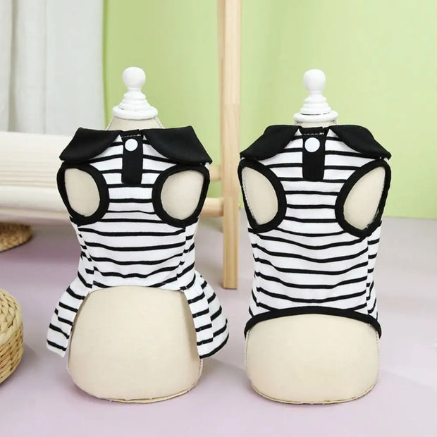 Pet Couple Outfits Cute Dog Striped T-shirts Breathable Thin Design Pet Skirt Soft Cat Lapel Dresses Spring Summer