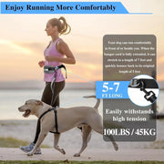 Hands Free Waist Leash for Dog Walking Running Hiking with Zipper Pouch, Adjustable Belt, Dual Padded Handles, Reflective Bungee