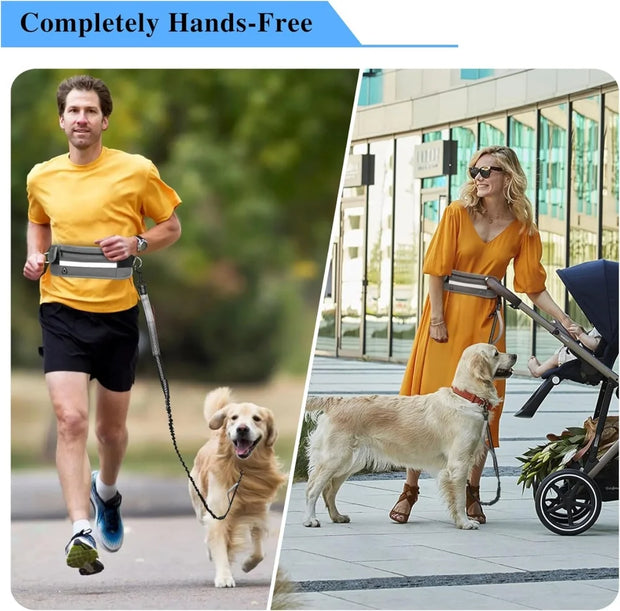 Hands Free Waist Leash for Dog Walking Running Hiking with Zipper Pouch, Adjustable Belt, Dual Padded Handles, Reflective Bungee