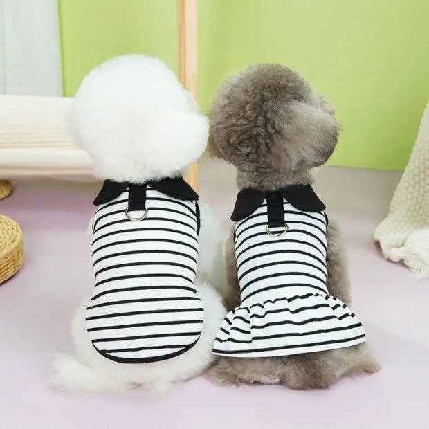 Pet Couple Outfits Cute Dog Striped T-shirts Breathable Thin Design Pet Skirt Soft Cat Lapel Dresses Spring Summer