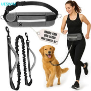 Hands Free Waist Leash for Dog Walking Running Hiking with Zipper Pouch, Adjustable Belt, Dual Padded Handles, Reflective Bungee