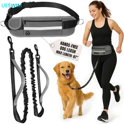 Hands Free Waist Leash for Dog Walking Running Hiking with Zipper Pouch, Adjustable Belt, Dual Padded Handles, Reflective Bungee