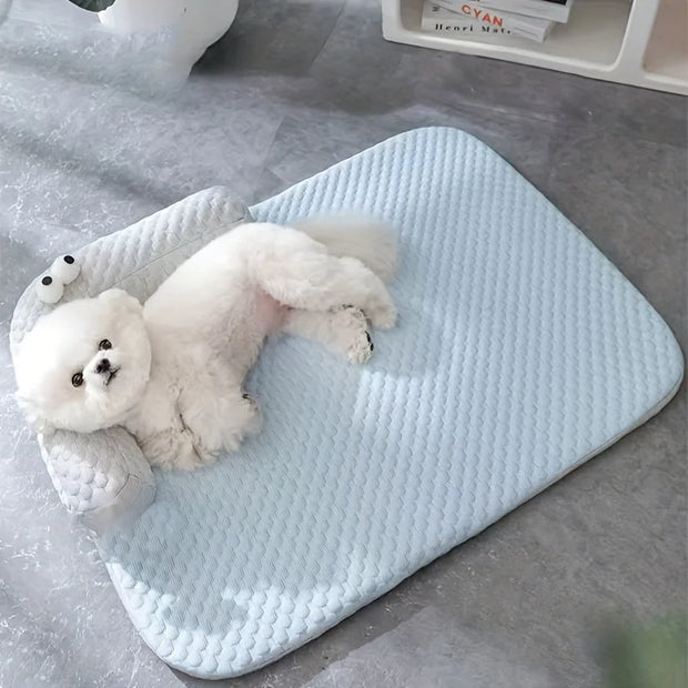 Pet Cooling Pad with L Shaped Pillow and Two Cute Eyes Pattern for Dogs and Cats Washable Ice Cooling Mat Summer Comfort Design