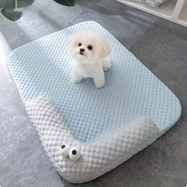 Pet Cooling Pad with L Shaped Pillow and Two Cute Eyes Pattern for Dogs and Cats Washable Ice Cooling Mat Summer Comfort Design