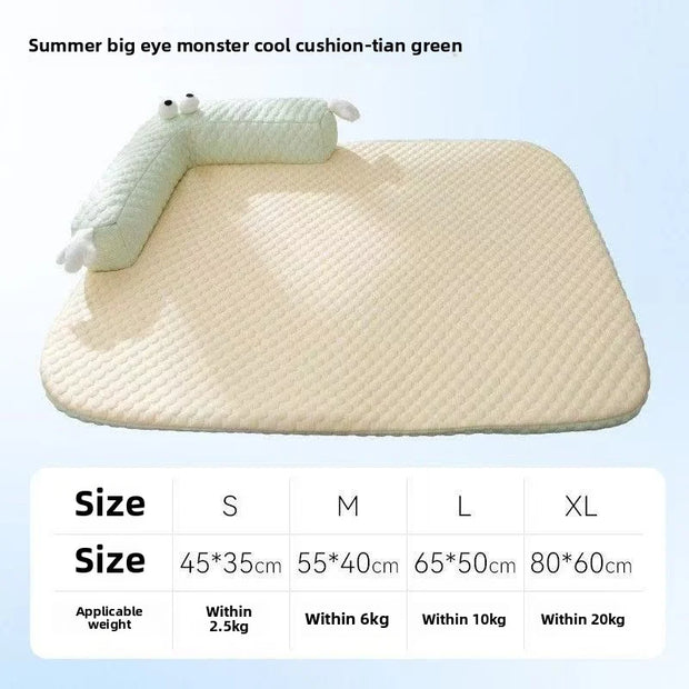 Pet Cooling Pad with L Shaped Pillow and Two Cute Eyes Pattern for Dogs and Cats Washable Ice Cooling Mat Summer Comfort Design